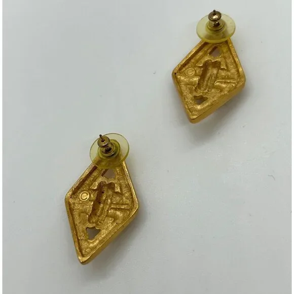 Vintage Anne Klein Earrings Brushed Gold-Tone, Diamond Shape Pierced Statement - Picture 3 of 13